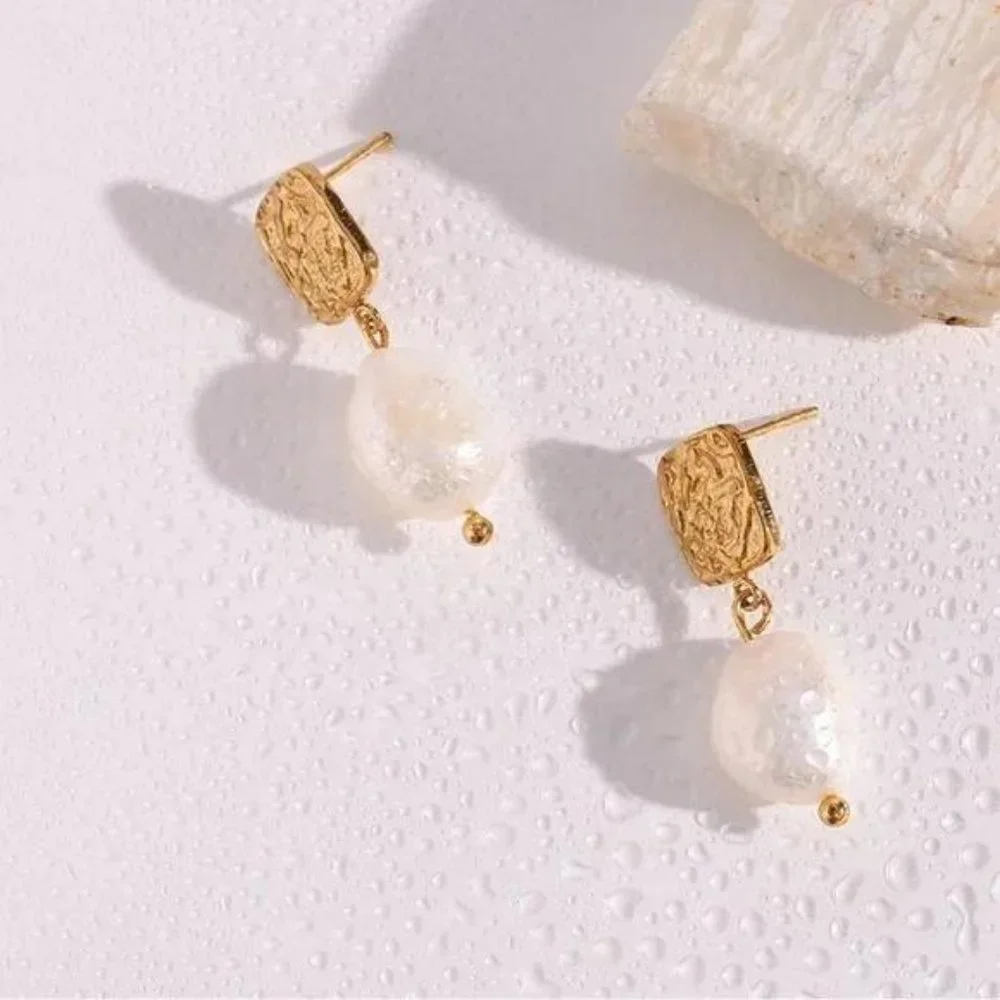 Gold Square Stud Fresh Water Pearl Drop Earrings, NICE EARRINGS, CUTE EARRINGS - Picture 6 of 7